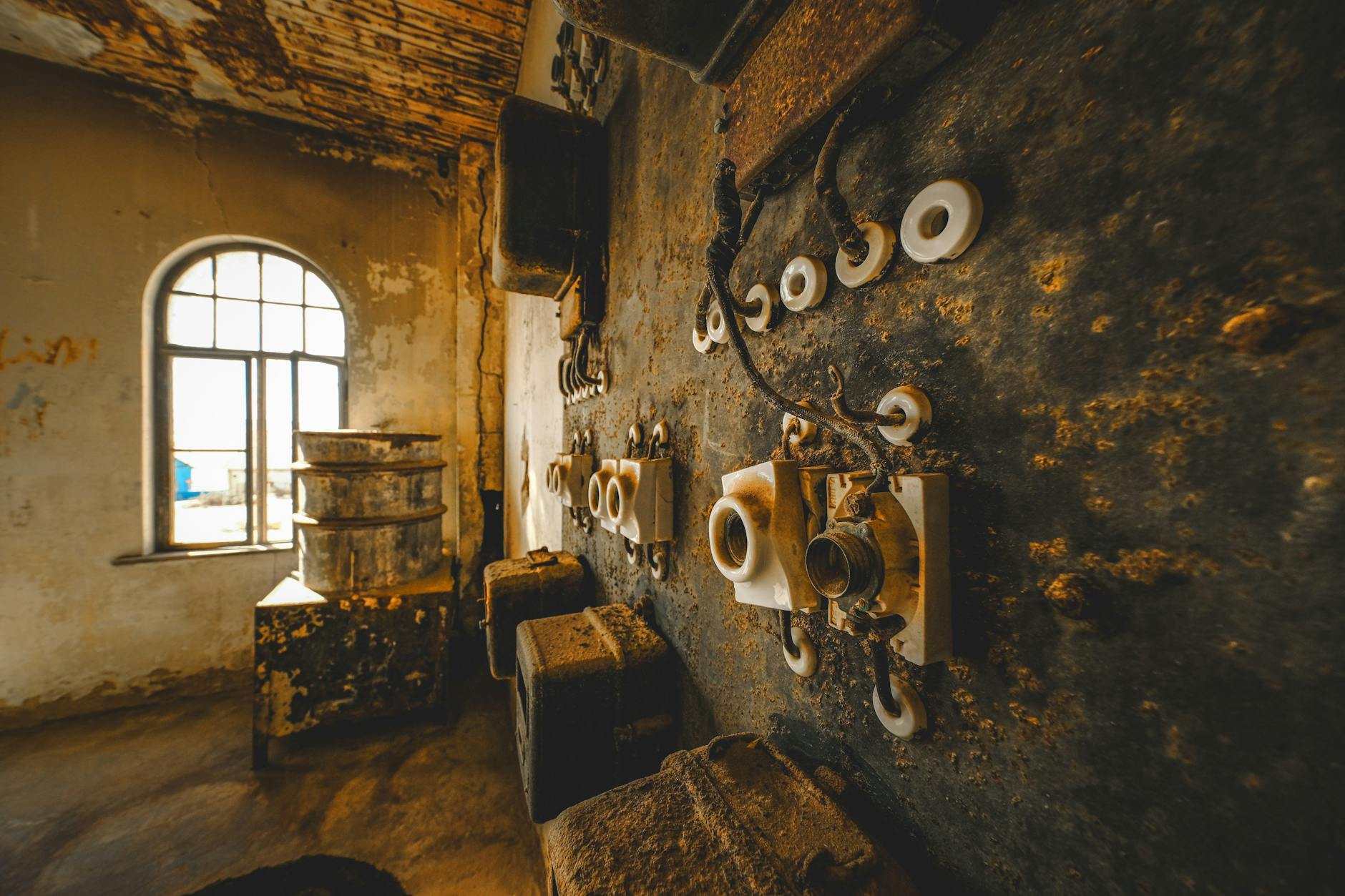 Zardzewiała, opuszczona hala z przestarzałą instalacją elektryczną